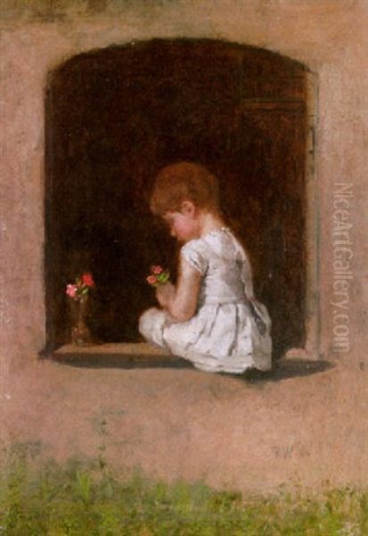 Ein Kleines Madchen Sitzt Auf Einer Fensterbank Und Betrachtet Ihren Blumenstrauss Oil Painting by Johannes Raphael Wehle