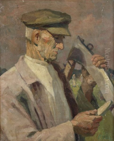 Bauer Beim Scharfen Seiner Sense Oil Painting by Otto Weil