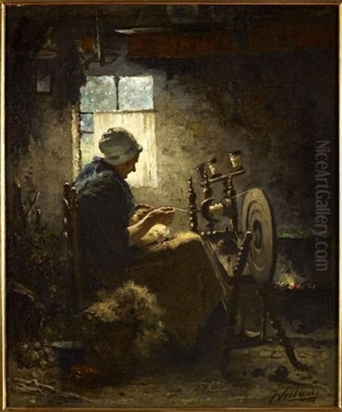 At The Spinning-wheel Oil Painting by Johannes Weiland