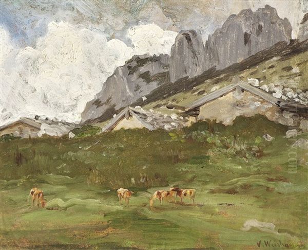 Alm Mit Weidenden Kuhen Oil Painting by Victor Weishaupt