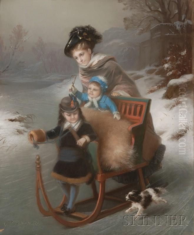 Pair Of PastelGenre Scenes Of Summer And Winter Amusement Oil Painting by Constant Joseph Brochart