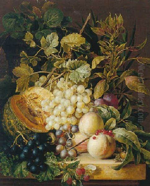 Still Life Of Grapes, Peaches, Plums And Other Fruit, All On A Marble Bench Oil Painting by Anton Weiss