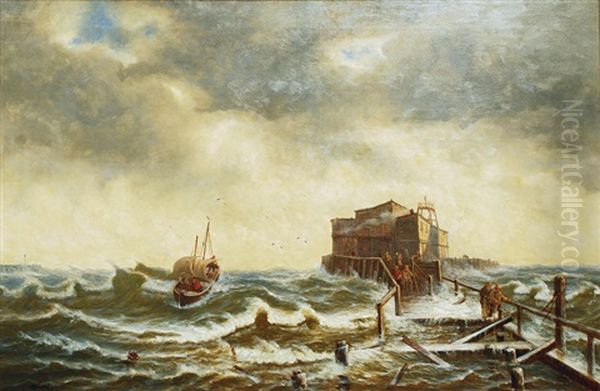 Fishing Boat In Stormy Seas Oil Painting by Johann Baptist Weiss