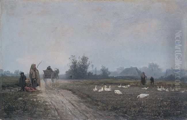 Deszczowy Dzien Na Wsi Oil Painting by Walery Brochocki