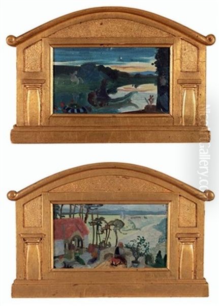 Deutsche Landschaft - Isarlandschaft (+ Geizteufel - Geizhals; 2 Preliminary Sketches) Oil Painting by Albert Welti