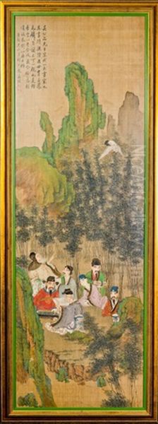 A Framed Silk Painting Of Figural Motif, After Wen Jia Oil Painting by Wen Jia