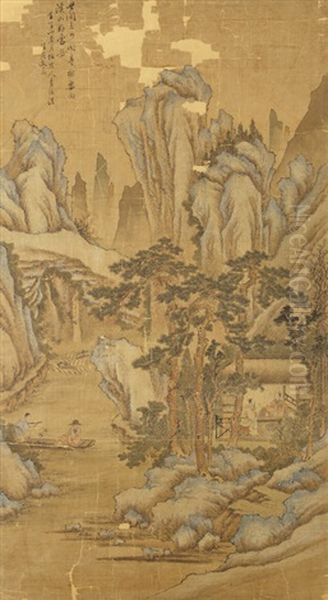 Scholars In A Blue/green Landscape Retreat Oil Painting by Wen Jia