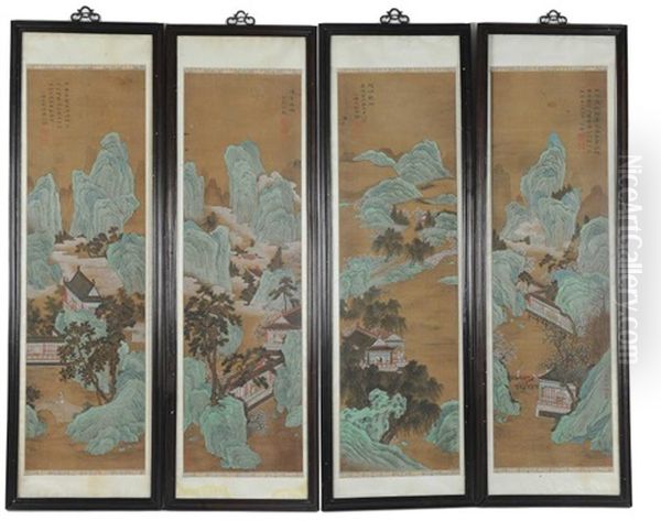 Four Paintings On Silk, 18th - 19th Century Oil Painting by Wen Peng