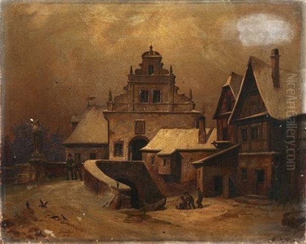 Winterliche Abendstimmung In Einer Sachsischen Stadt (dresden?) Oil Painting by Friedrich Moritz Wendler