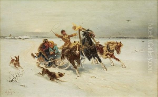 Winter Landscape With Troika Oil Painting by Karl Gottlieb Wenig