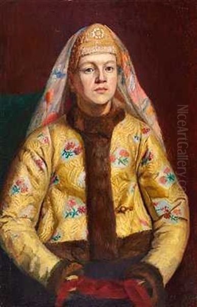 A Portrait Of A Young Woman In Traditional Russian Attire Oil Painting by Karl Gottlieb Wenig