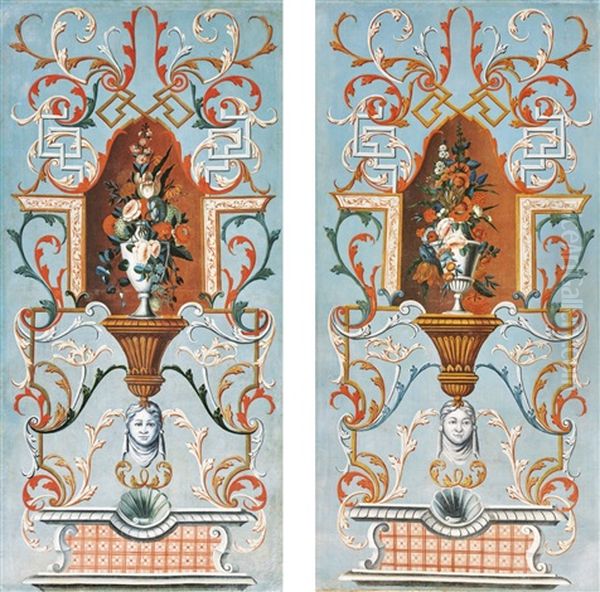 A Pair Arabesque Panels, Depicting Vases Of Flowers In Niches, Circa 1738 Oil Painting by Johann Friedrich Wentzel the Younger