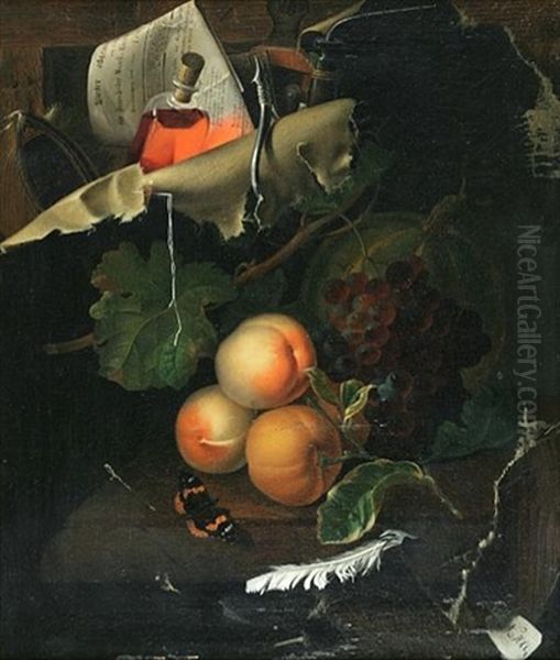 Still Life Of Fruit, A Butterfly, Tools And A Bottle Oil Painting by Michael Wentzel
