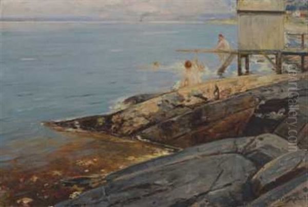 Badende Gutter Ved Badehus Oil Painting by Oscar Arnold Wergeland