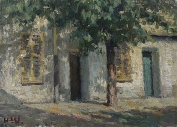 Hausereingange In Mailander Strase Unter Grosem Baum Oil Painting by Heinrich Ferdinand Werner