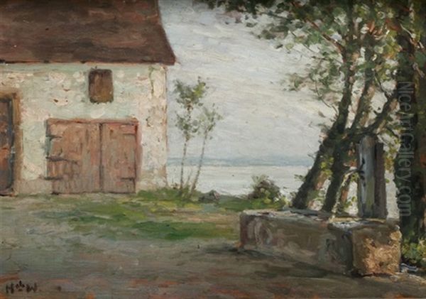 Bodenseelandschaft Mit Gehoft Und Brunnen Im Vordergrund Oil Painting by Heinrich Ferdinand Werner