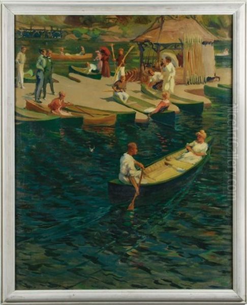 Boat House, Mohonk Mountain House, New York Oil Painting by Carl N. Werntz