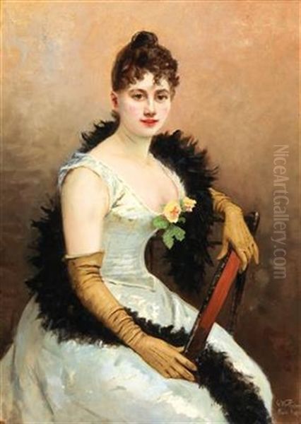 Society Lady With Feather Boa Oil Painting by Gustave Wertheimer