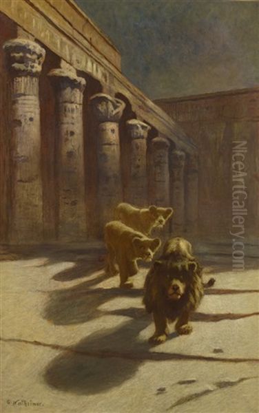 Lion Et Lionnes Dans Un Temple Egyptien Oil Painting by Gustave Wertheimer