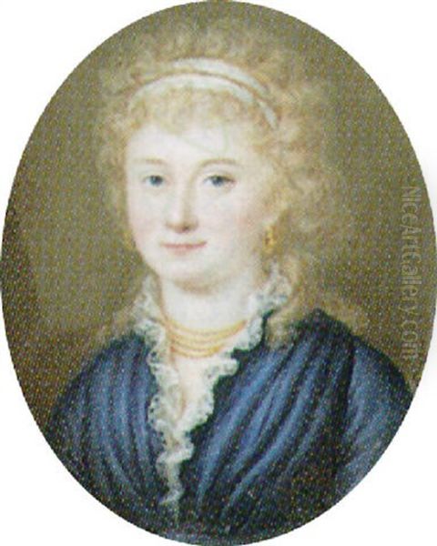 A Lady With Fair Hair Wearing A Lace-trimmed Blue Dress And Gold Jewellery Oil Painting by Ernst Christian Weser