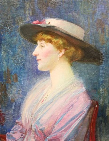 Portrait Of A Lady Wearing A Broad Brimmed Hat And Pink Dress Oil Painting by Joseph Walter West
