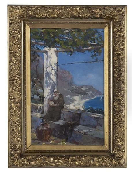 Monk Reading On An Amalfi Coast Terrace Oil Painting by Constantin Alexandr. Westchiloff