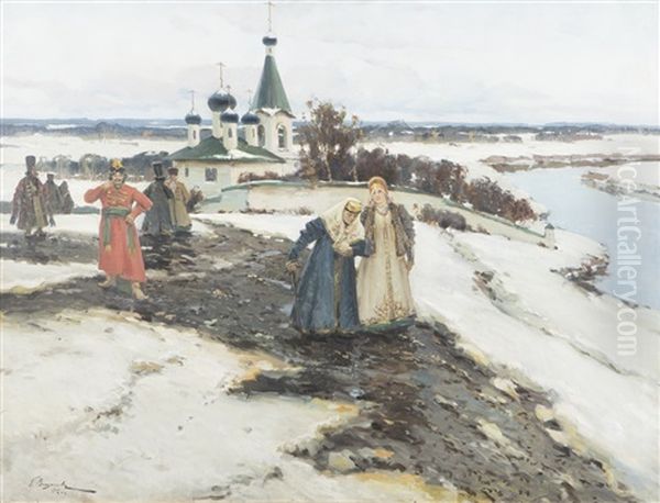 Ortodox Church And People Oil Painting by Constantin Alexandr. Westchiloff