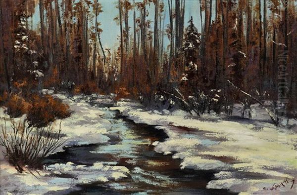 Stream In Winter Oil Painting by Constantin Alexandr. Westchiloff
