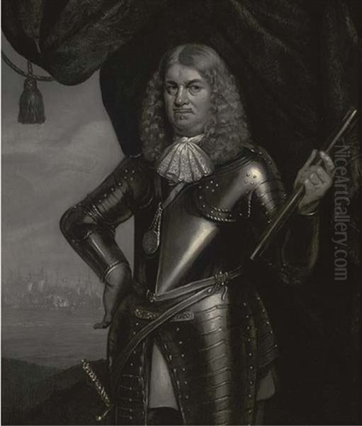 Portrait Of Admiral Blanckert In Armour, Holding A Telescope, A Fleet Beyond Oil Painting by Abraham Van Westerveldt