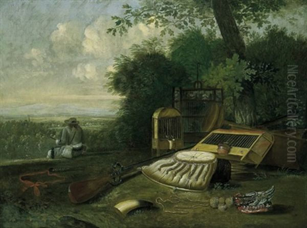 Ein Am Waldrand Sitzender, In Die Weite Landschaft Schauender Jager Mit Jagdgeraten Oil Painting by Huybert van Westhoven