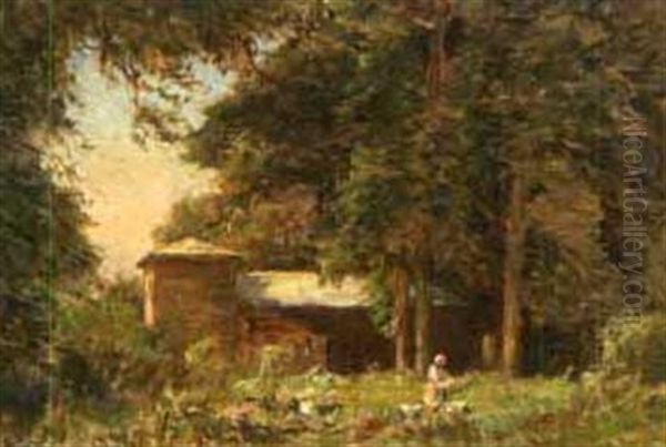 Girls Feeding Chickens Near House Oil Painting by George Faulkner Wetherbee