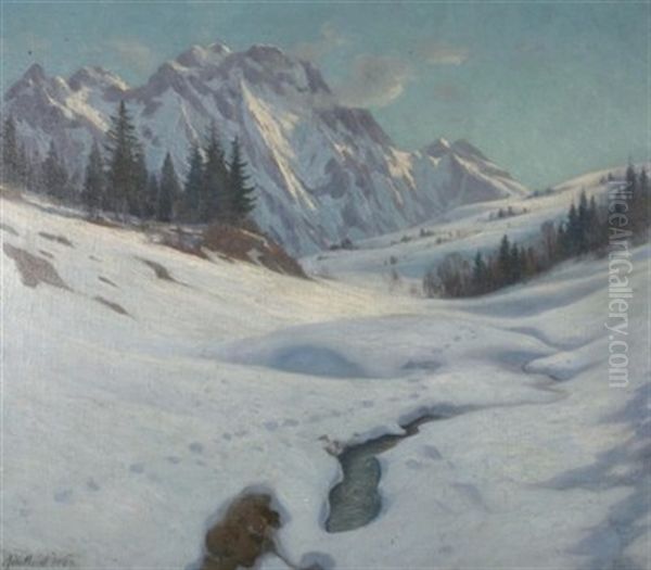 Winter In Klais Mit Karwendel Oil Painting by Adalbert Wex