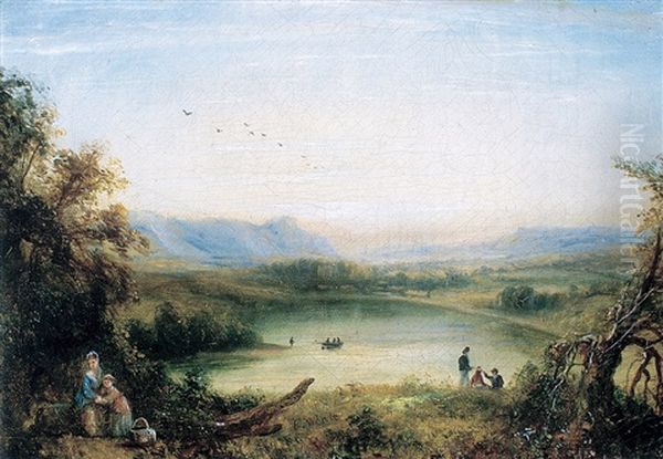 Picnic By A Lake With Hills In The Distance Oil Painting by Robert Reginald Whale