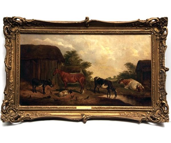 Farmyard Scene With Horse, Cows, Goat And Donkey Oil Painting by John Alfred Wheeler
