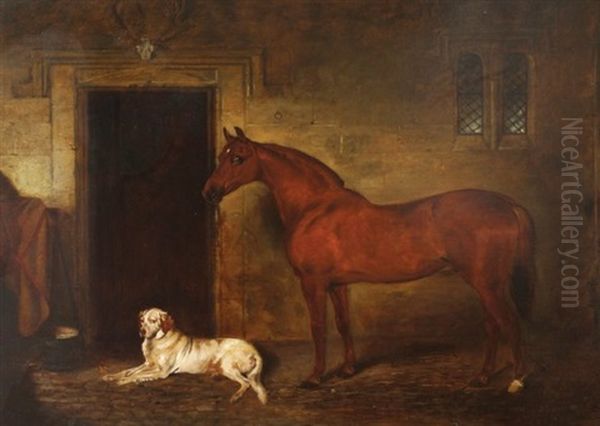 Horse And A Dog In A Stable Oil Painting by John Alfred Wheeler