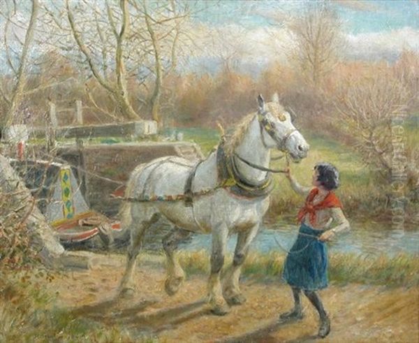 A Gypsy Girl Leading A Canal Horse On A Towpath Oil Painting by Rowland Wheelwright