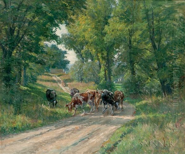Cows Grazing By The Farm Road Oil Painting by William John Whittemore