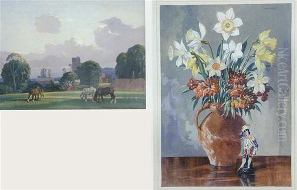 Heavy Horses Grazing In A Field Beside A Church Oil Painting by Ernest Herbert Whydale