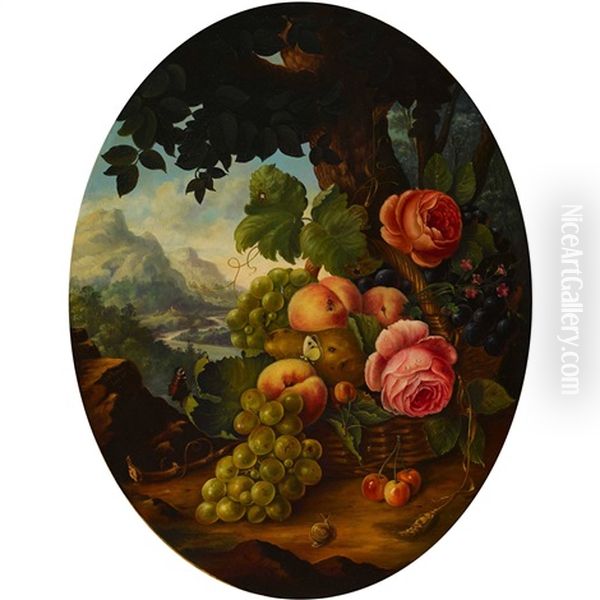 Stillleben Mit Fruchten Und Blumen Vor Weiter Landschaft Oil Painting by Jakob Wibmer
