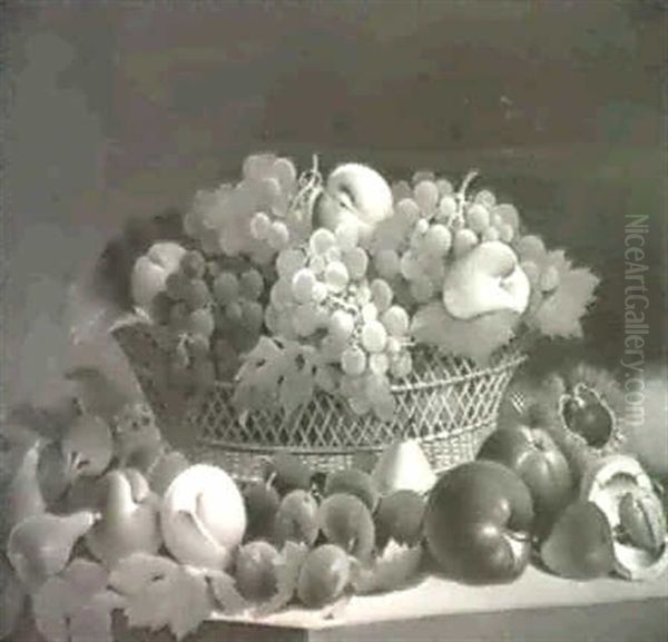 Fruchtestilleben Mit Feigen, Pfirsichen, Pflaumen, Trauben, Apfein Und Esskastanien Auf Einer Tischplatte Und In...... Oil Painting by Jakob Wibmer