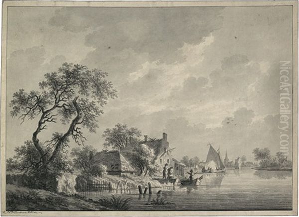 Niederlandische Fluslandschaft Mit Fischern Bei Einem Dorf (lexmond) Oil Painting by Nicolaes Wicart