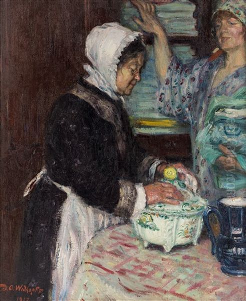 Woman Preparing Supper Oil Painting by David O. Widhopff