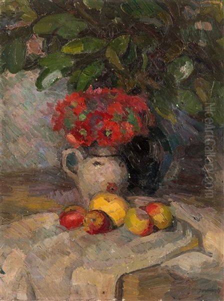 Still Life With Red Flowers Oil Painting by David O. Widhopff