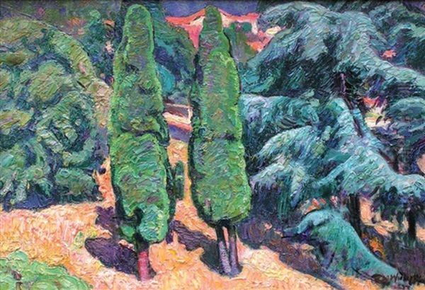 Paysage Aux Cypres Oil Painting by David O. Widhopff