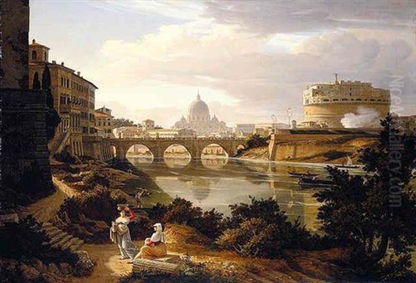 Rome, A View Of The River Tiber Looking South With The Castel Sant'angelo And Saint Peter's Basilica Beyond Oil Painting by Rudolf Wiegman