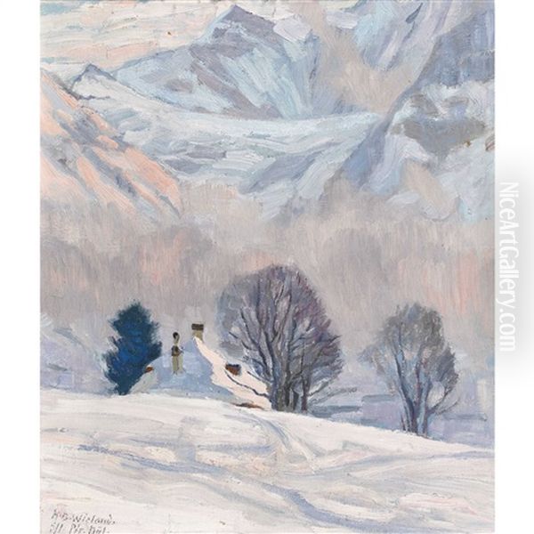 Blick Auf Die Fiescherwand Bei Grindelwald Mit Pfarrhaus Oil Painting by Hans Beat Wieland