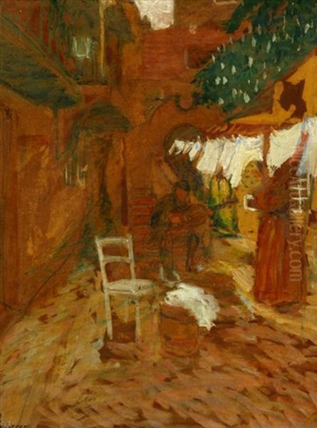 Auf Dem Hof (+ Figur (study), Verso) Oil Painting by Alois Wierer