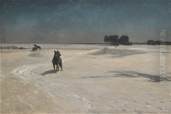 Vier Wolfe In Schneelandschaft Oil Painting by Alfred von Wierusz-Kowalski