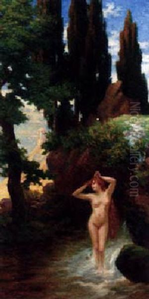 A Female Nude Bathing In A Classical Landscape Oil Painting by Bruno Wiese