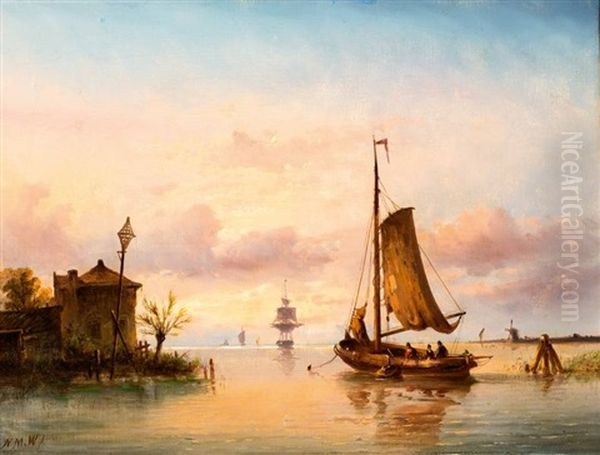 Vissersboten Op Kalm Water Oil Painting by Nicolaas Martinus Wijdoogen